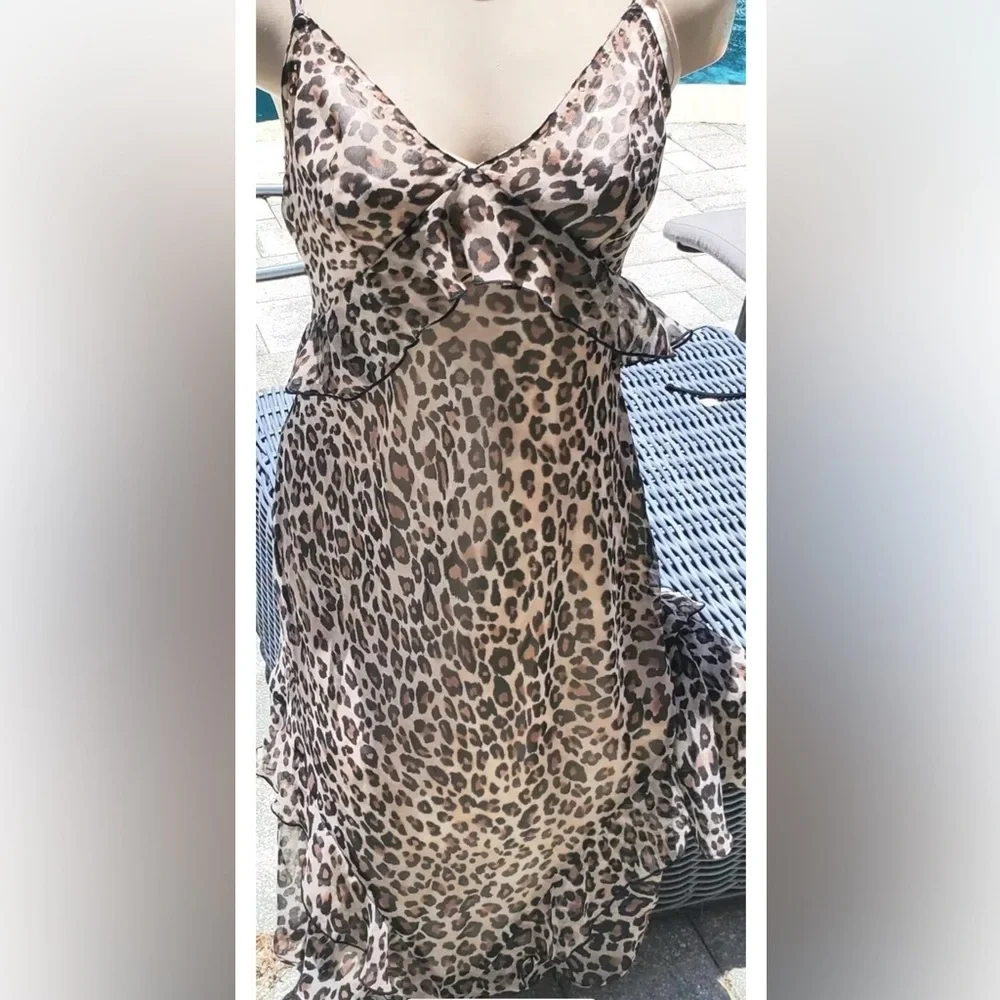 RARE! Y2K-Victoria’s Secret-M-leopard print, chiffon, stud, satin, slip, dress.